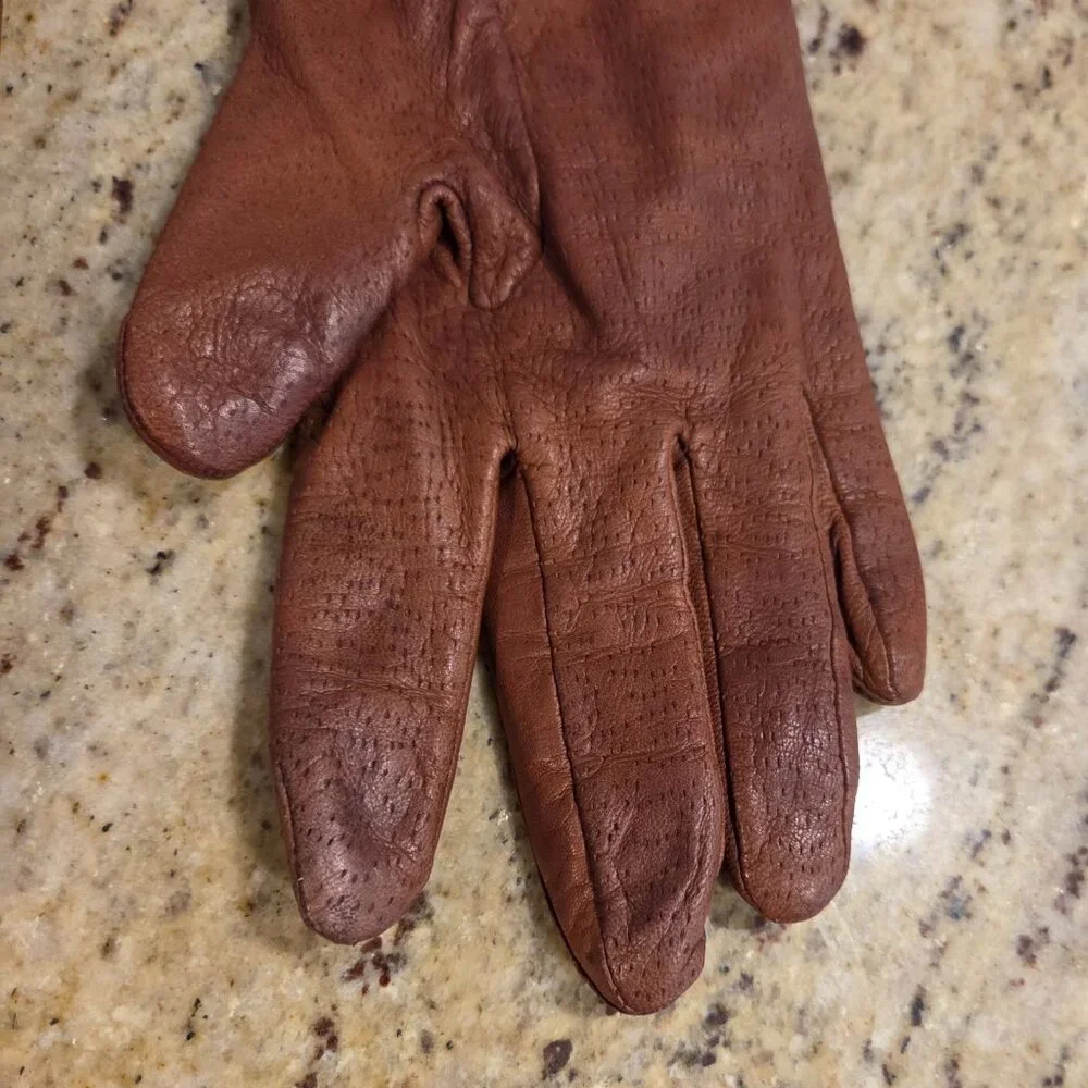Vintage Womens Size L Brown Leather Knit Lined Gloves Perferated